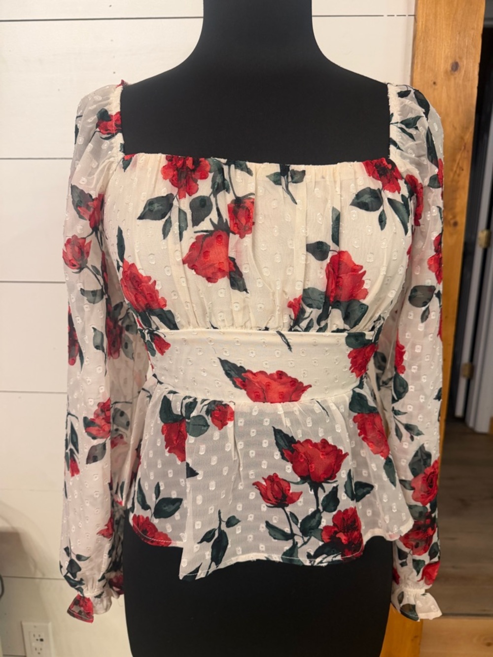 Francesca's Collections Cream Blouse with Red Rose Print